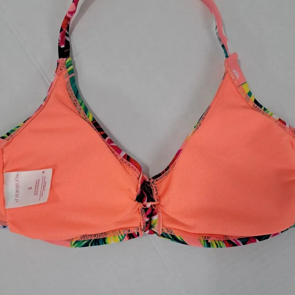 Xhilaration Bikini Swim Top Womens S Coral Orange Tropical Floral Removable Pads